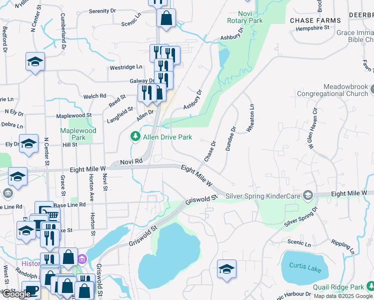map of restaurants, bars, coffee shops, grocery stores, and more near 43122 Ashbury Drive in Novi