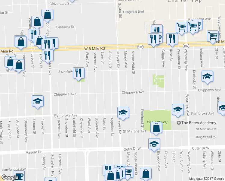 map of restaurants, bars, coffee shops, grocery stores, and more near 20112 Appoline Street in Detroit
