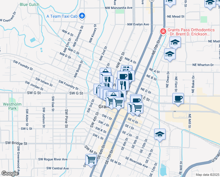 map of restaurants, bars, coffee shops, grocery stores, and more near 242 Northwest F Street in Grants Pass
