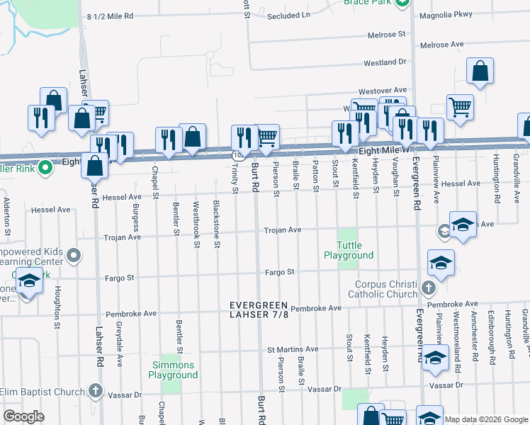 map of restaurants, bars, coffee shops, grocery stores, and more near 20250 Burt Rd in Detroit