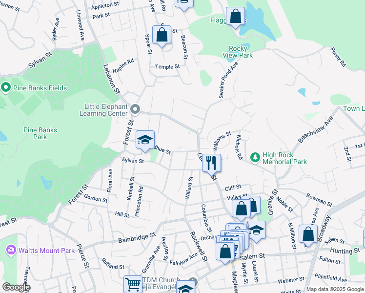 map of restaurants, bars, coffee shops, grocery stores, and more near 35 Wilbur Street in Malden