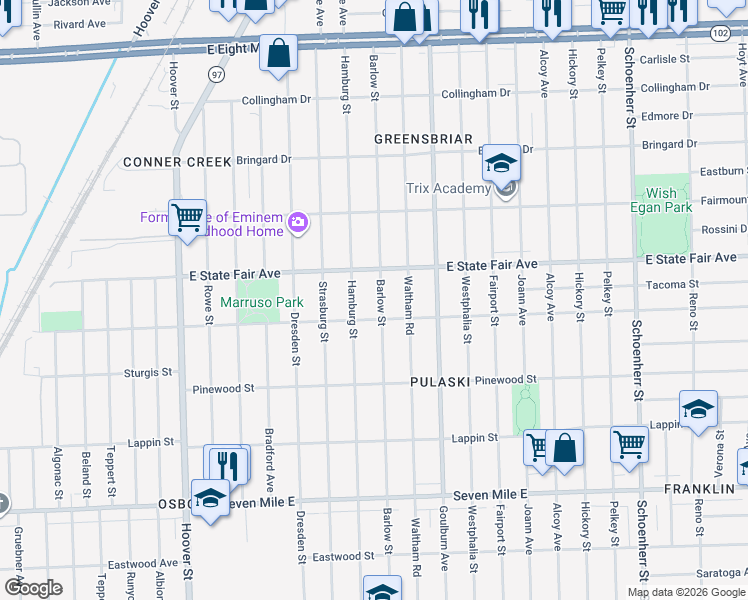 map of restaurants, bars, coffee shops, grocery stores, and more near 19741 Barlow Street in Detroit