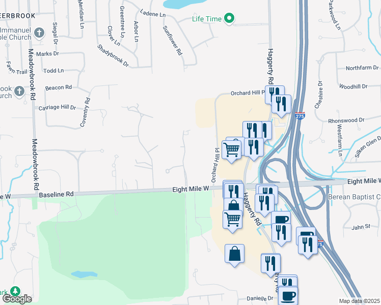 map of restaurants, bars, coffee shops, grocery stores, and more near 20880 Turnberry Boulevard in Northville