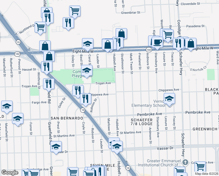 map of restaurants, bars, coffee shops, grocery stores, and more near 20140 Marlowe Street in Detroit