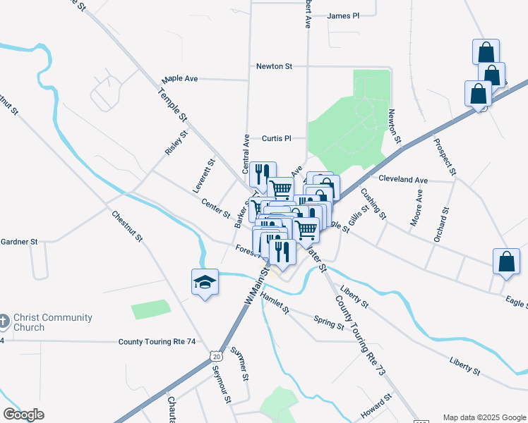 map of restaurants, bars, coffee shops, grocery stores, and more near 38 Temple Street in Fredonia