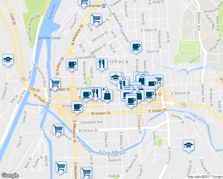 map of restaurants, bars, coffee shops, grocery stores, and more near 315 West Buffalo Street in Ithaca