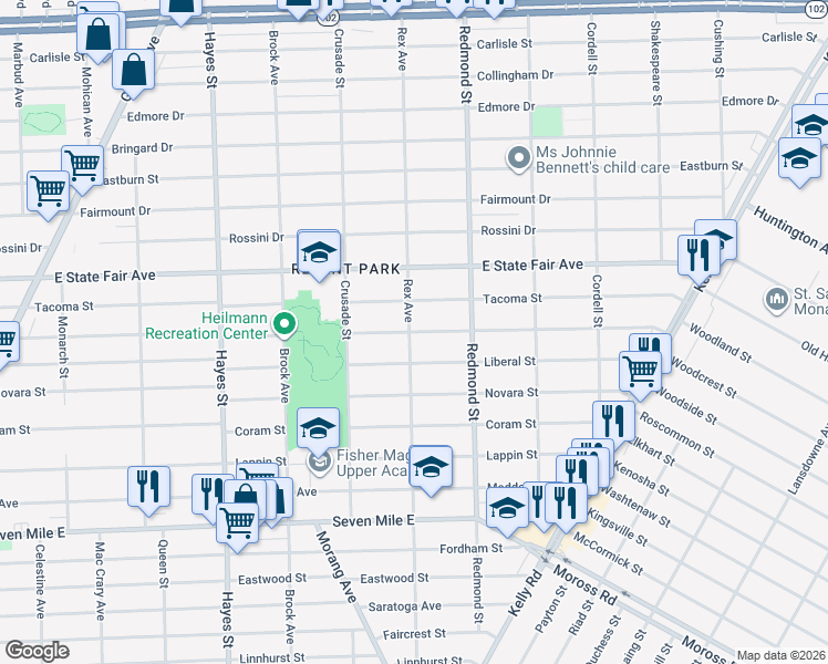 map of restaurants, bars, coffee shops, grocery stores, and more near 15827 Manning Avenue in Detroit