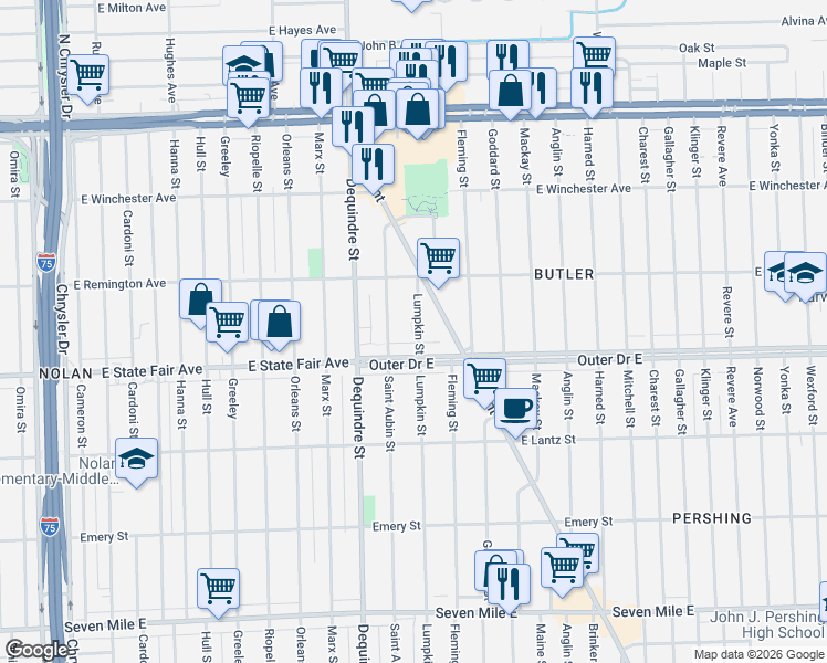 map of restaurants, bars, coffee shops, grocery stores, and more near 19946 Lumpkin Street in Detroit