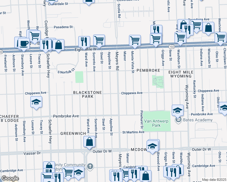 map of restaurants, bars, coffee shops, grocery stores, and more near 20112 Appoline Street in Detroit