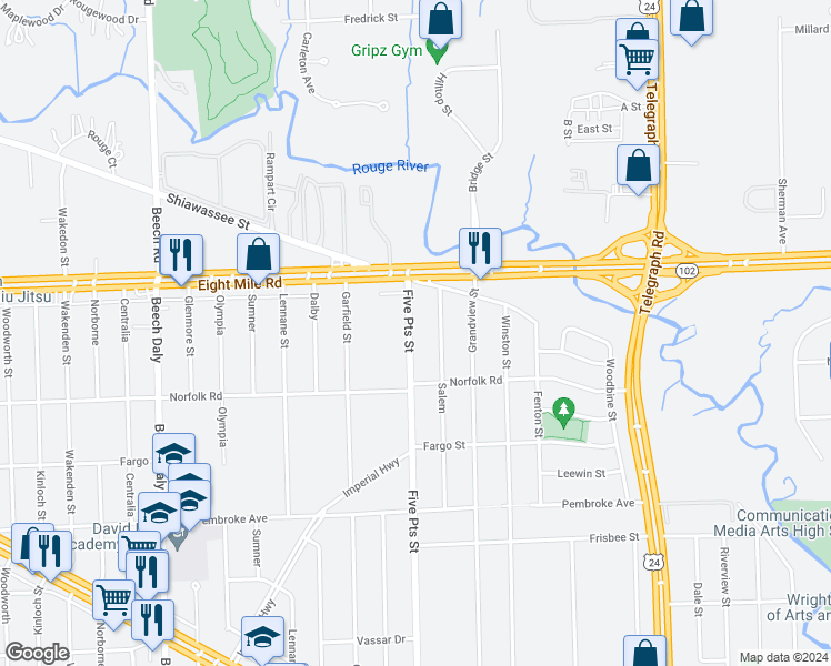 map of restaurants, bars, coffee shops, grocery stores, and more near 20500 Five Points in Redford Charter Township