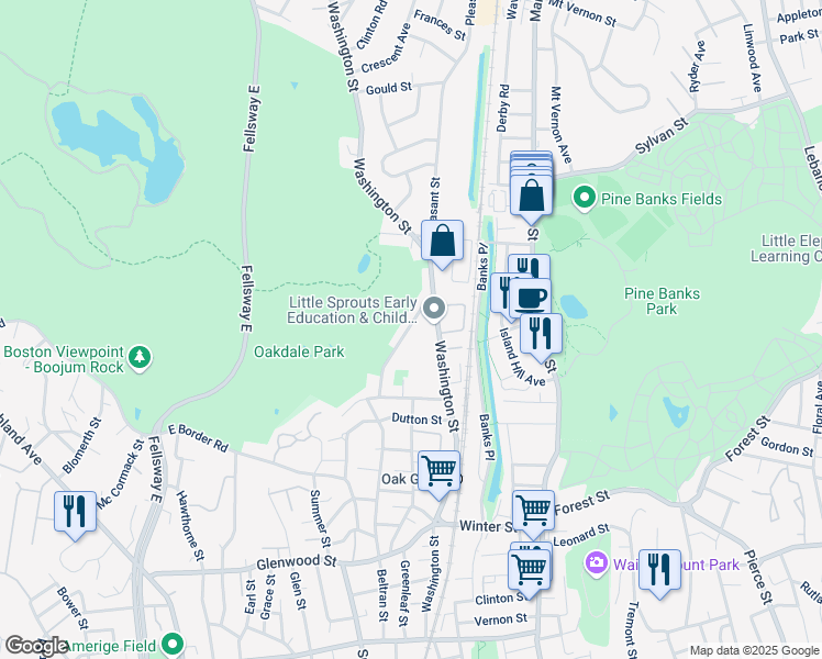 map of restaurants, bars, coffee shops, grocery stores, and more near 40 Brazil Street in Melrose