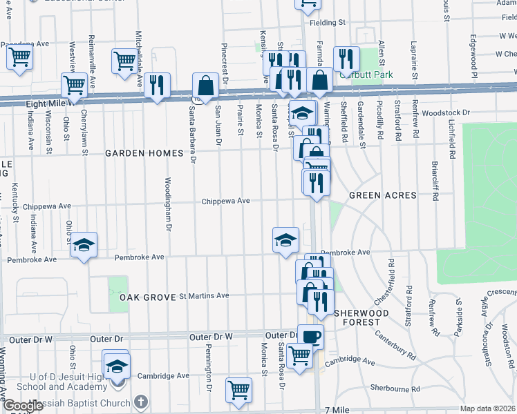 map of restaurants, bars, coffee shops, grocery stores, and more near 20051 Monica Street in Detroit
