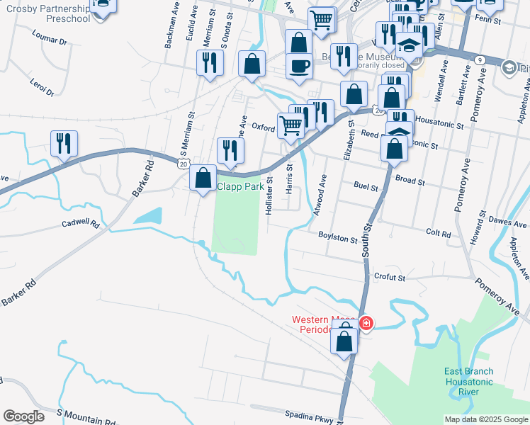 map of restaurants, bars, coffee shops, grocery stores, and more near 52 Hollister Street in Pittsfield