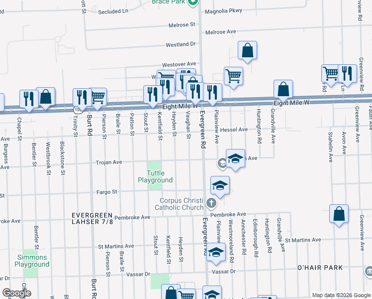 map of restaurants, bars, coffee shops, grocery stores, and more near 20243 Vaughan St in Detroit