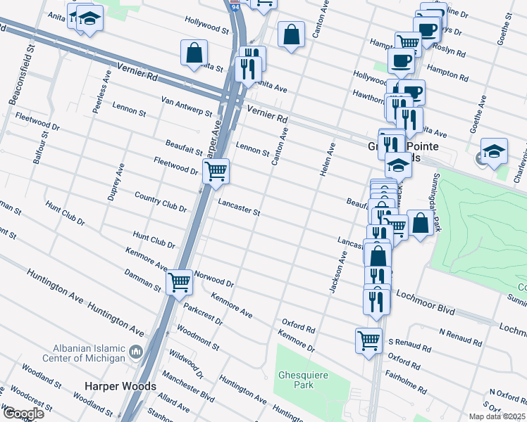 map of restaurants, bars, coffee shops, grocery stores, and more near 21101 Lancaster Street in Harper Woods