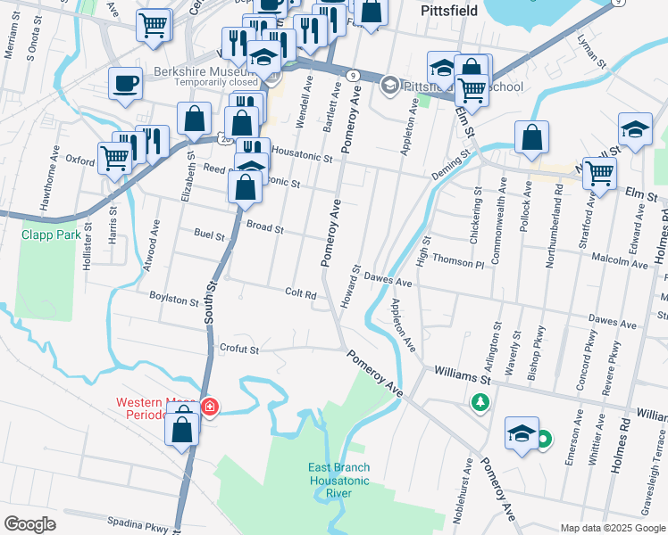 map of restaurants, bars, coffee shops, grocery stores, and more near 193 Pomeroy Avenue in Pittsfield