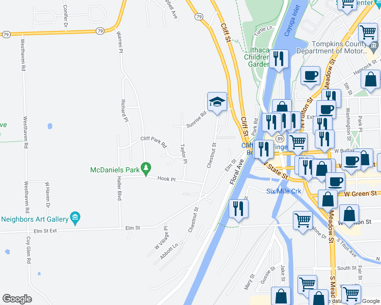 map of restaurants, bars, coffee shops, grocery stores, and more near 305 Taylor Place in Ithaca