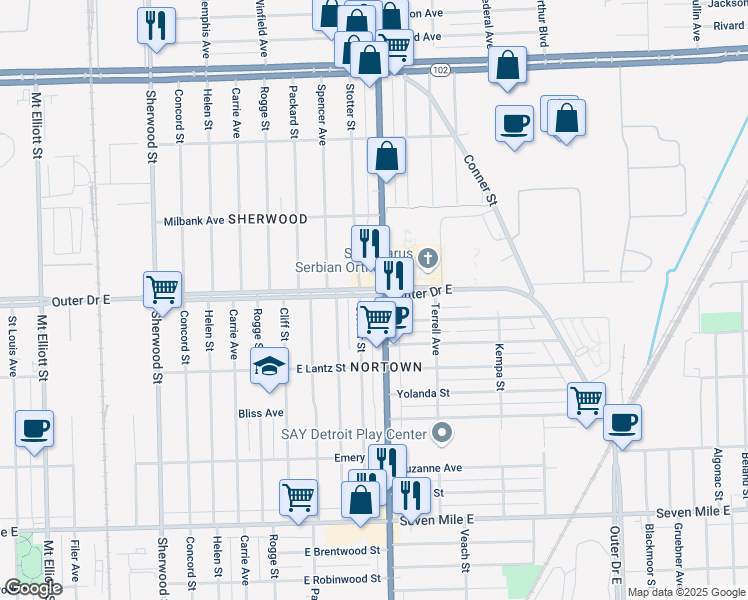 map of restaurants, bars, coffee shops, grocery stores, and more near 19851 Van Dyke Avenue in Detroit