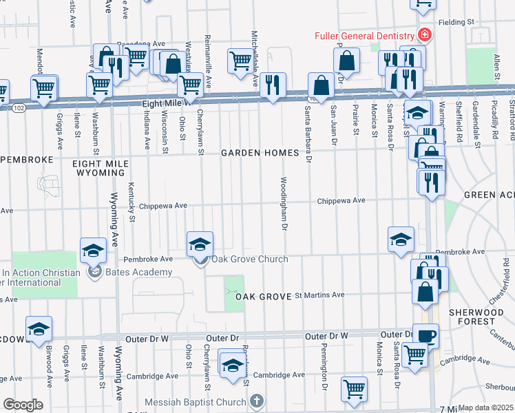 map of restaurants, bars, coffee shops, grocery stores, and more near 20063 Greenlawn Street in Detroit