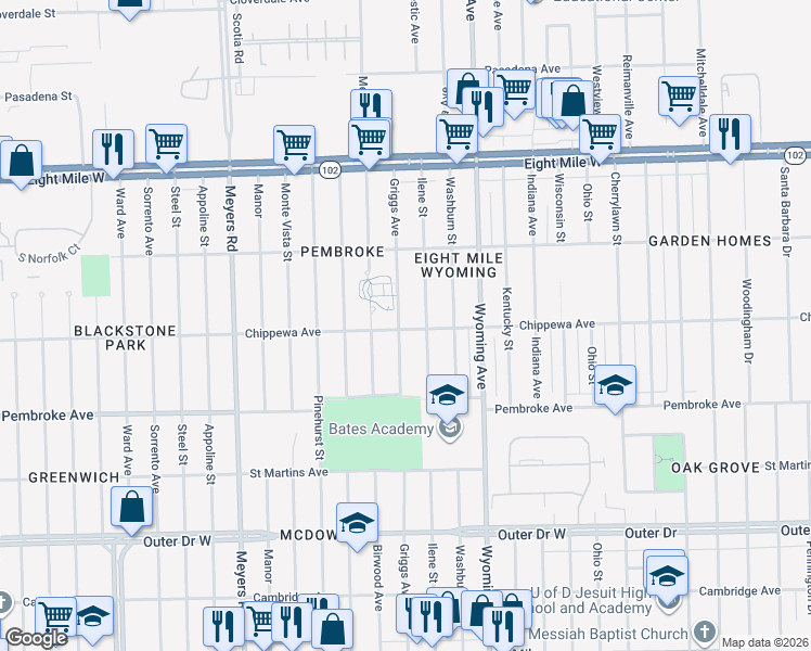 map of restaurants, bars, coffee shops, grocery stores, and more near 20100 Griggs Street in Detroit