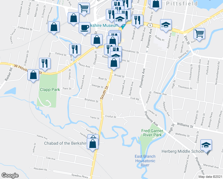 map of restaurants, bars, coffee shops, grocery stores, and more near 267 South Street in Pittsfield