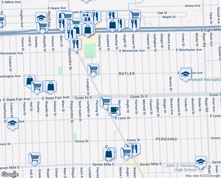 map of restaurants, bars, coffee shops, grocery stores, and more near 19941 Goddard St in Detroit
