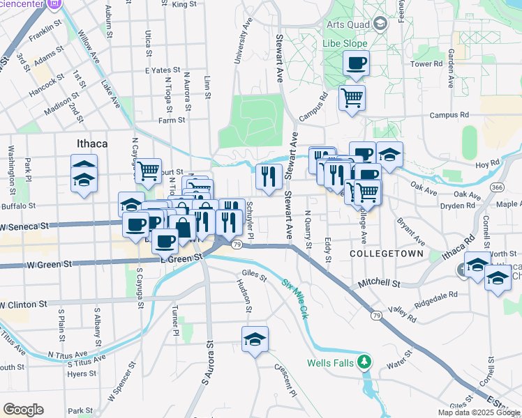 map of restaurants, bars, coffee shops, grocery stores, and more near 510 East Seneca Street in Ithaca