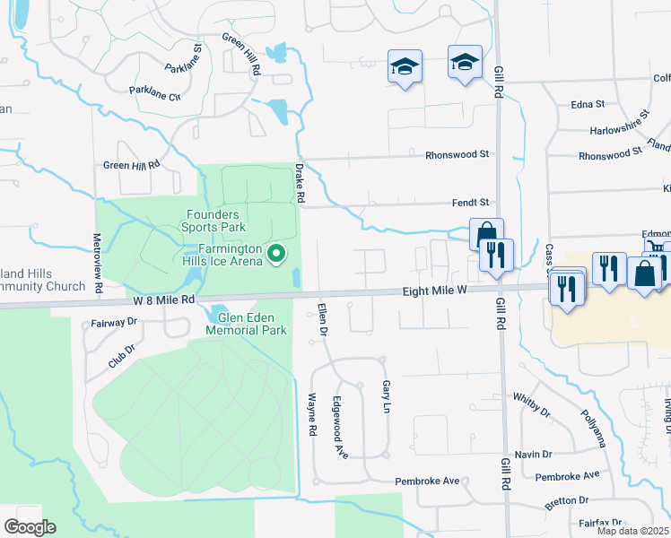 map of restaurants, bars, coffee shops, grocery stores, and more near 35254 West 8 Mile Road in Farmington Hills
