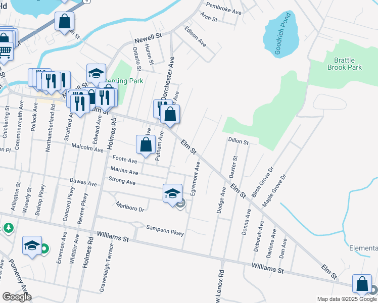 map of restaurants, bars, coffee shops, grocery stores, and more near 378 Elm Street in Pittsfield