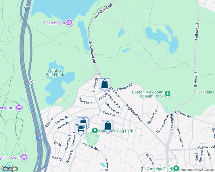 map of restaurants, bars, coffee shops, grocery stores, and more near 930 Highland Avenue in Medford
