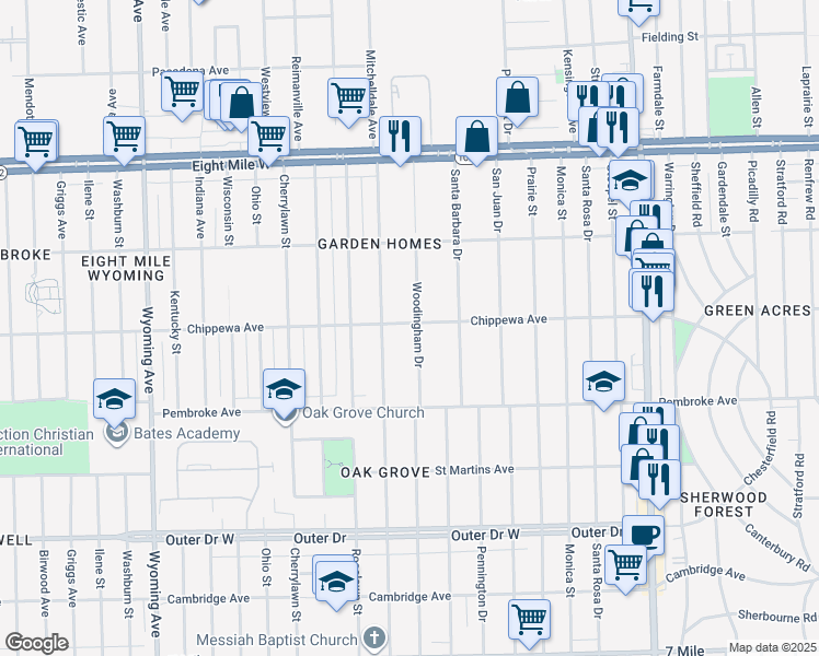 map of restaurants, bars, coffee shops, grocery stores, and more near 20065 Woodingham Drive in Detroit