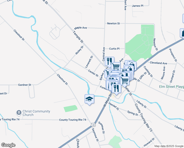 map of restaurants, bars, coffee shops, grocery stores, and more near 80 Center Street in Fredonia