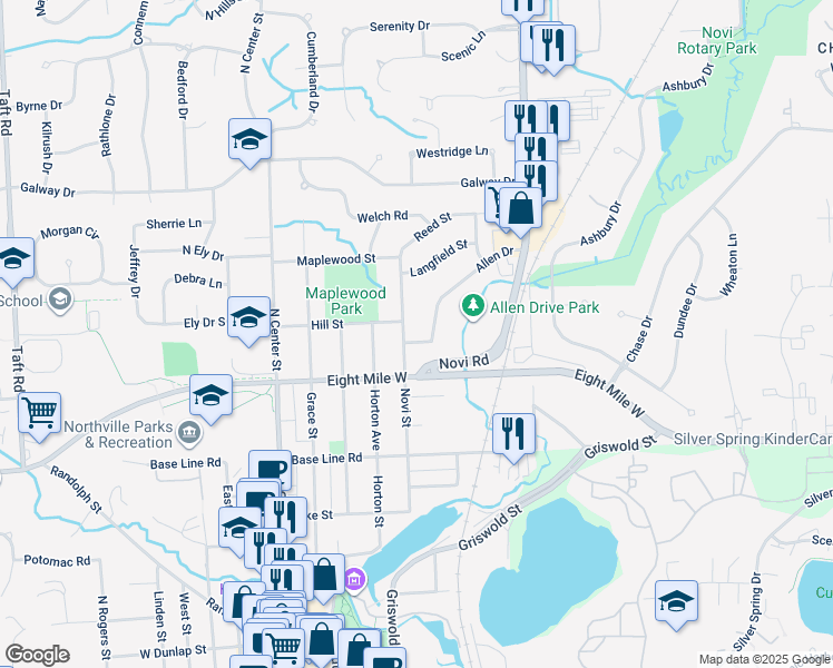 map of restaurants, bars, coffee shops, grocery stores, and more near 867 Allen Drive in Northville