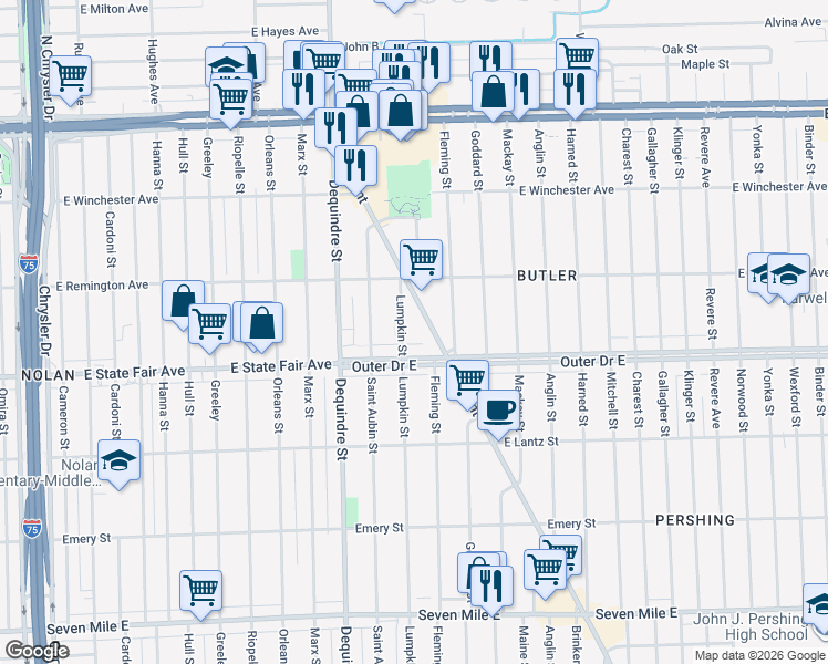 map of restaurants, bars, coffee shops, grocery stores, and more near 19946 Lumpkin St in Detroit