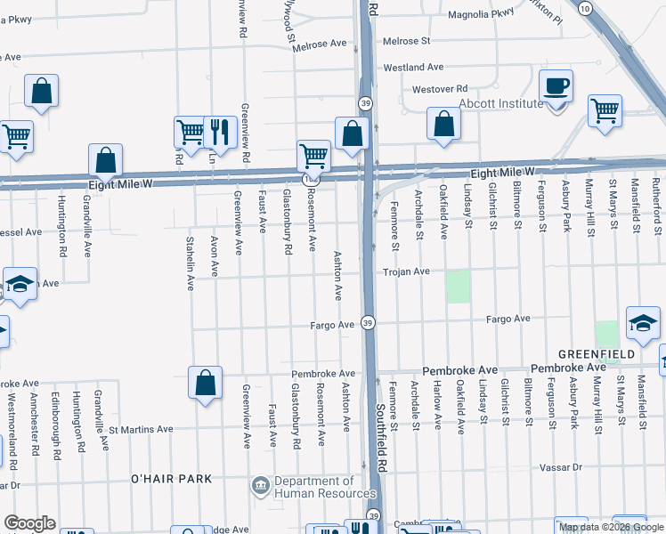 map of restaurants, bars, coffee shops, grocery stores, and more near 20211 Ashton Avenue in Detroit