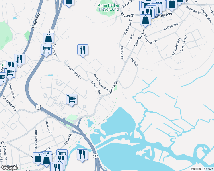 map of restaurants, bars, coffee shops, grocery stores, and more near 12 Walnut Street in Revere