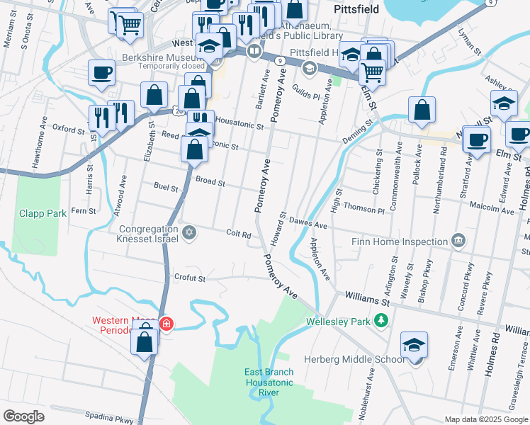 map of restaurants, bars, coffee shops, grocery stores, and more near 193 Pomeroy Ave in Pittsfield