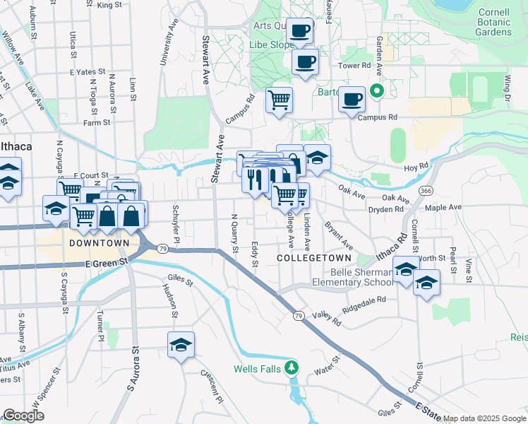 map of restaurants, bars, coffee shops, grocery stores, and more near 111 Dryden Road in Ithaca