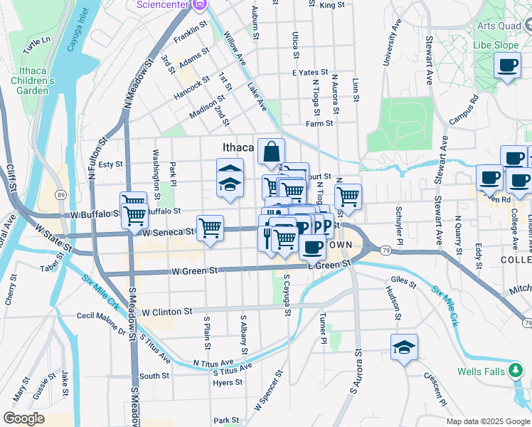 map of restaurants, bars, coffee shops, grocery stores, and more near 113-13.5 West Buffalo Street in Ithaca