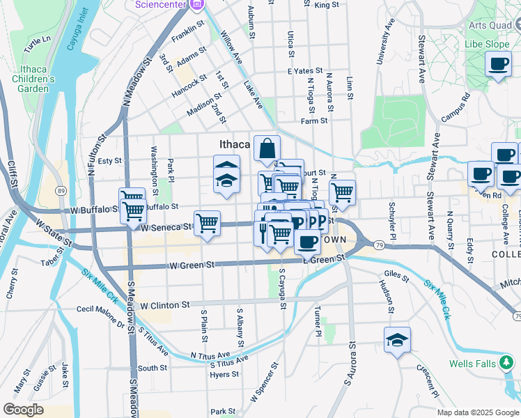 map of restaurants, bars, coffee shops, grocery stores, and more near 113-13.5 West Buffalo Street in Ithaca
