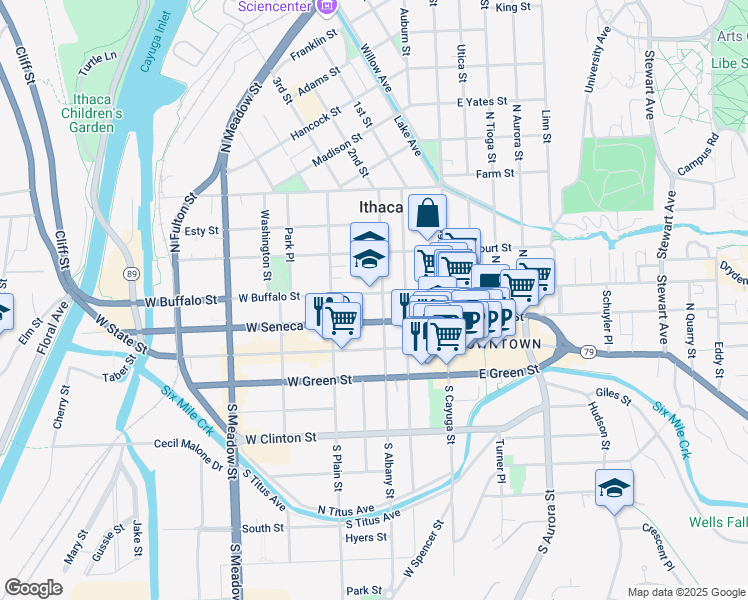 map of restaurants, bars, coffee shops, grocery stores, and more near in Ithaca