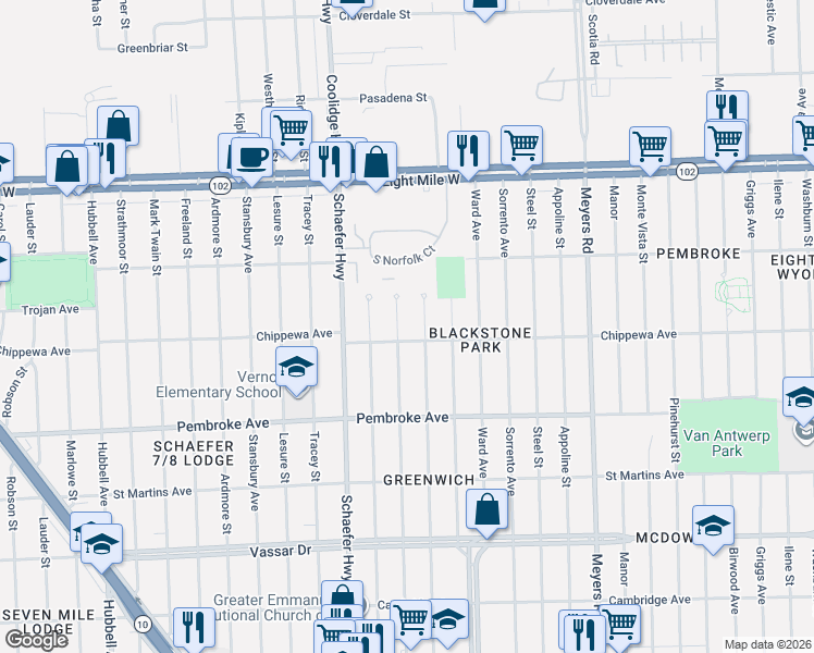 map of restaurants, bars, coffee shops, grocery stores, and more near 20127 Littlefield Street in Detroit