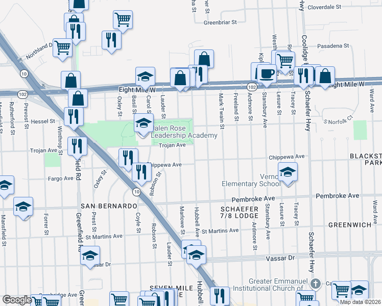 map of restaurants, bars, coffee shops, grocery stores, and more near 20140 Marlowe Street in Detroit