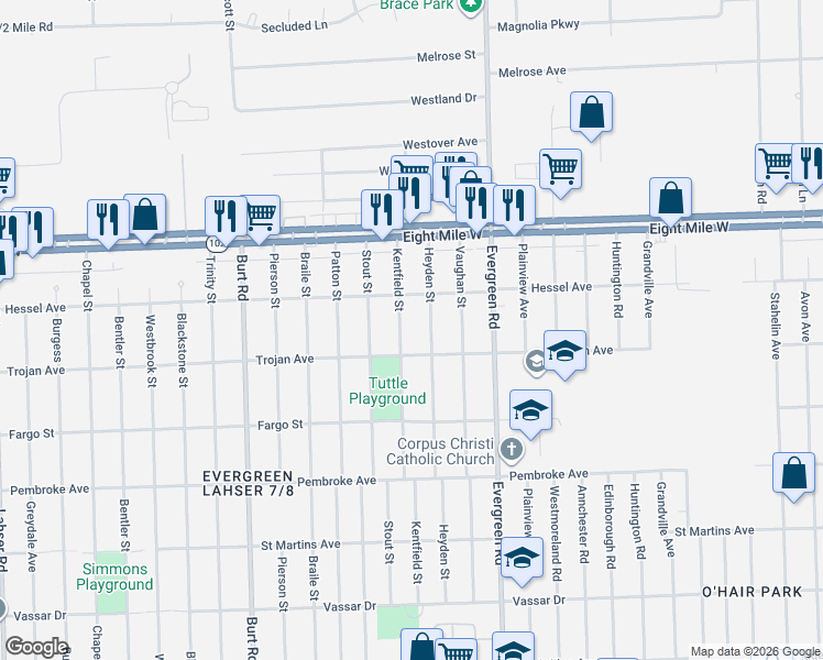 map of restaurants, bars, coffee shops, grocery stores, and more near 20240 Kentfield Street in Detroit