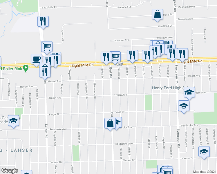 map of restaurants, bars, coffee shops, grocery stores, and more near 20258 Trinity Street in Detroit