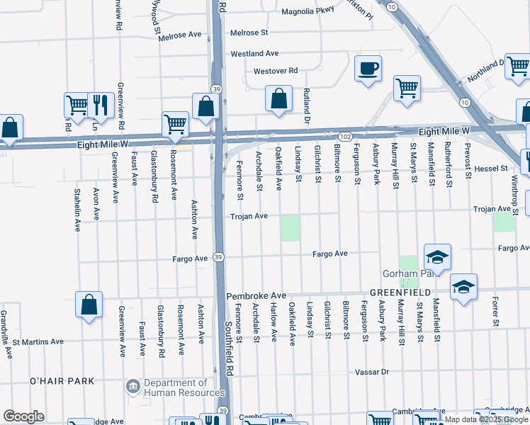 map of restaurants, bars, coffee shops, grocery stores, and more near 20200 Archdale Street in Detroit