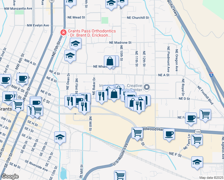 map of restaurants, bars, coffee shops, grocery stores, and more near 410 Northeast Anderson Street in Grants Pass