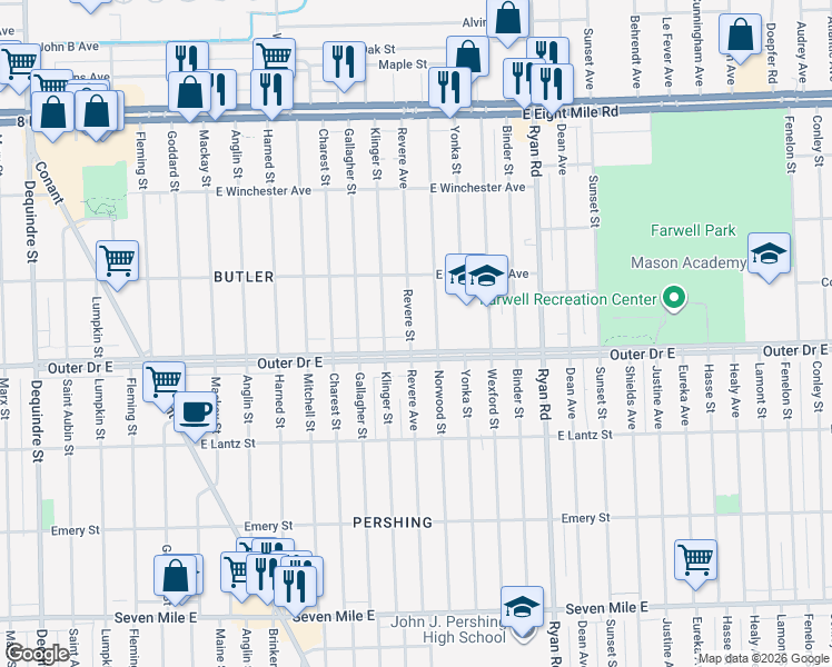 map of restaurants, bars, coffee shops, grocery stores, and more near 19930 Revere Street in Detroit
