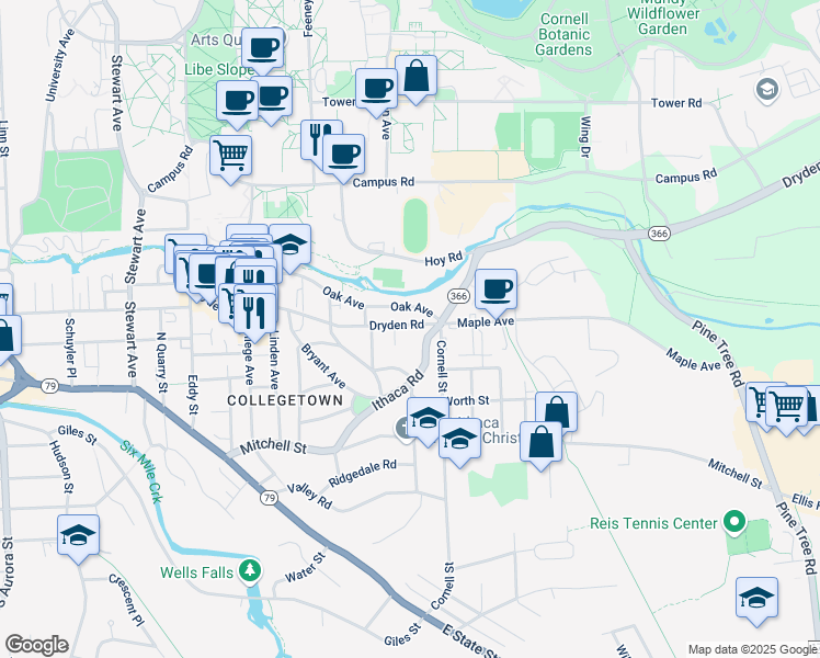 map of restaurants, bars, coffee shops, grocery stores, and more near 513 Dryden Road in Ithaca