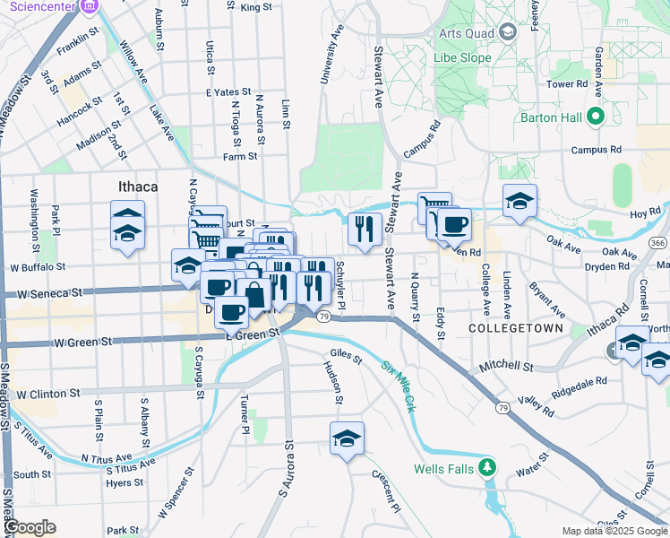 map of restaurants, bars, coffee shops, grocery stores, and more near 206 Schuyler Place in Ithaca